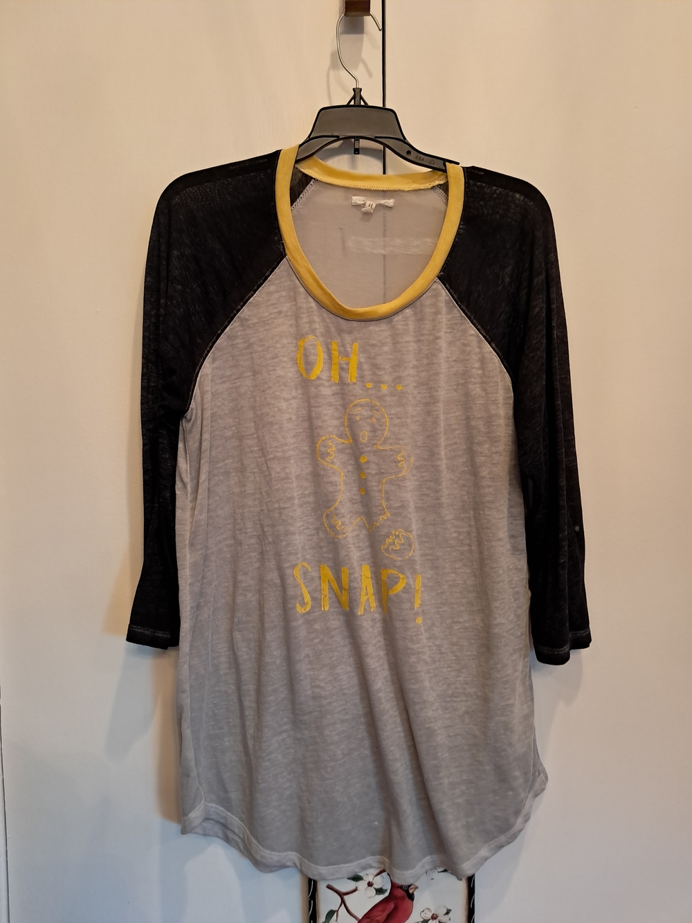 Maurices Grey Raglan Tee with Black Sleeves and Yellow Trim